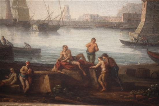 After Claude-Joseph Vernet (1714-1789) Harbour scenes with figures in the foreground 19 x 28.5in.